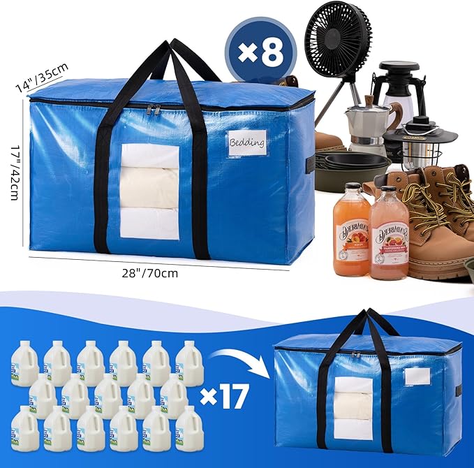 TAILI Extra Large Moving Bags, 8 Pack Blue Heavy Duty Totes For Storage with Visible Window, Wrap Around Handles, Storage Bags for Space Saving, Alternative to Moving Boxes