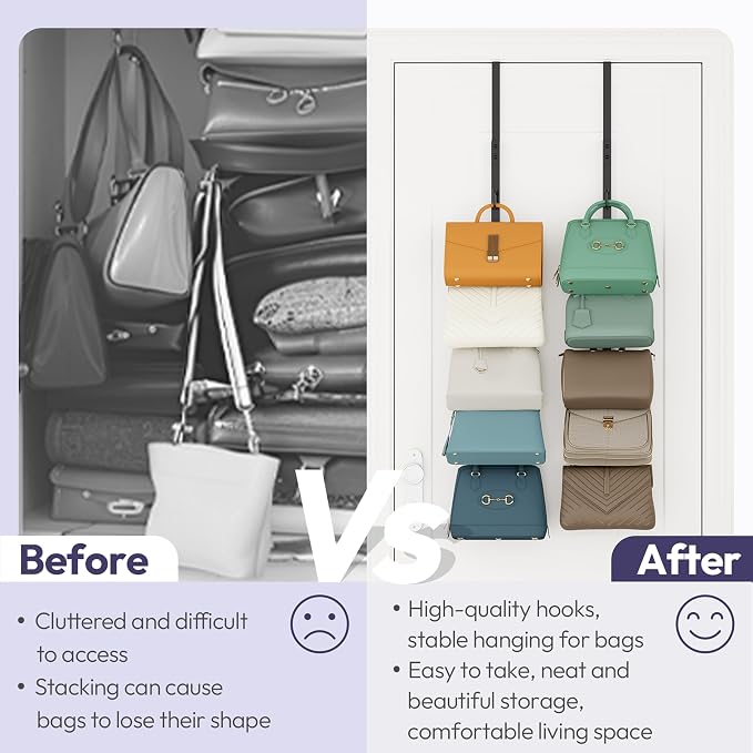 SWTYMIKI Over the Door Purse Organizer - 2 Packs Wall Mounted Purse Rack with 5 Hooks Design, Hanging Handbag Organizer Storage Holds up to 10 Bags, Bag Rack for Closet, Door (Black)