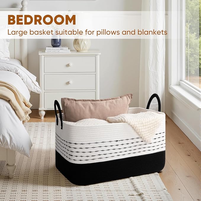 OIASKET 75L Large Cotton Rope Storage Basket, Soft Decorative Blanket Basket for Living Room & Bedroom, Boho Laundry Hamper with Handles Capable of Holding Pillows, Clothes and Toys-Black & White