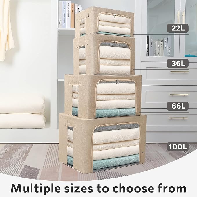 FHSQX 2 Pack Clothes Storage Bins with Metal Frame, Beige, 15.7x11.8x11.7 Inch