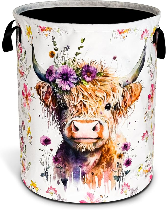 Highland Cow Laundry Basket Foldable Waterproof Oxford Cloth Funny Tote Bag Laundry Hamper Clothes Storage Bucket Organizer For Bathroom/Laundry Storage/Bedroom Storage Basket 18.9x16.5 Inch