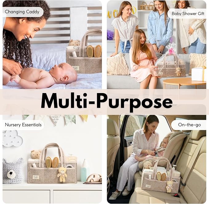 PeraBella Baby Diaper Caddy Organizer, Baby Basket Shower Gift Caddy, Portable Felt Changing Table Basket, Nursery Storage Bin, Newborn Boy and Girl Essentials for Registry, Car Diaper Organizer