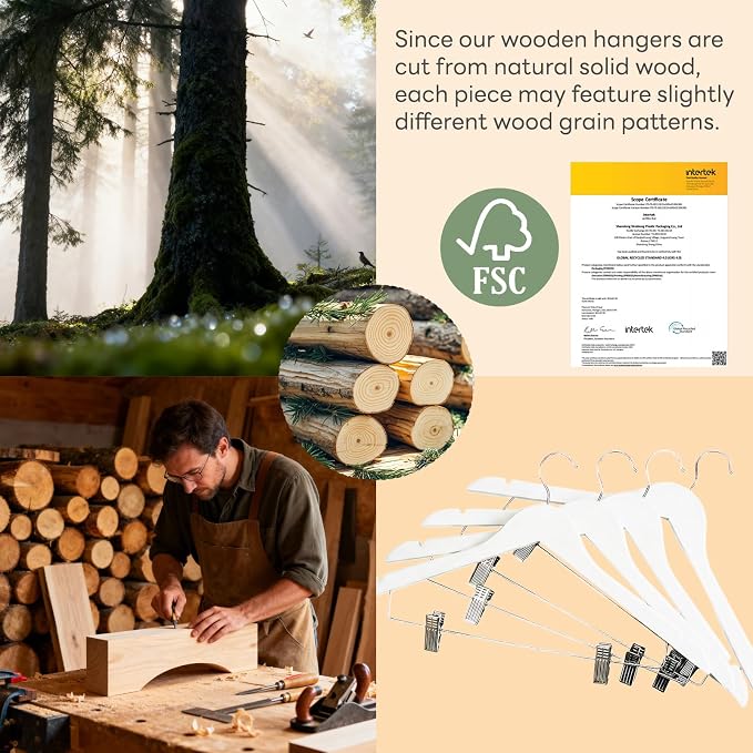 HOUSE DAY Wooden Hangers with Clips 24 Pack, Heavy Duty White Wood Pants Hanger, Premium Skirt Hanger with Adjustable Clips, Solid Clip Hangers for Suit, Blouse, Dress, Coat, Jacket, Bottom