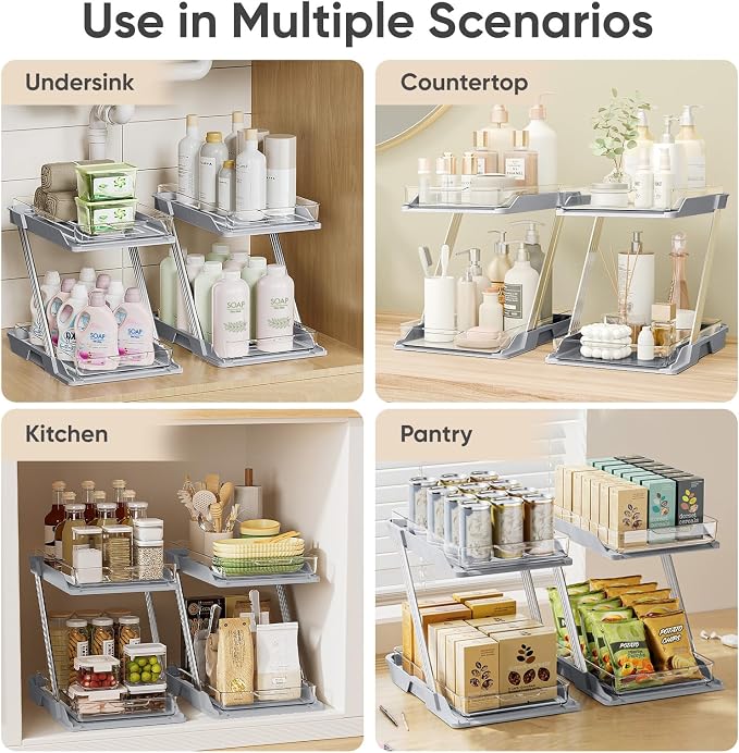 3 Pack Bathroom Organizers and Storage - Multi-Purpose,2-Tier Clear Pull Out Organization for Bathroom,Under Sink,Kitchen,Vanity,Countertop,Cabinet,Pantry & Medicine Cabinet,Grey
