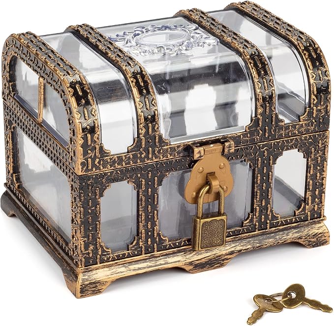 Plastic Transparent Antique Pirate Treasure Box with Lock and Key, Treasure Toy Box Prizes for Kids, Pirate Party Decor