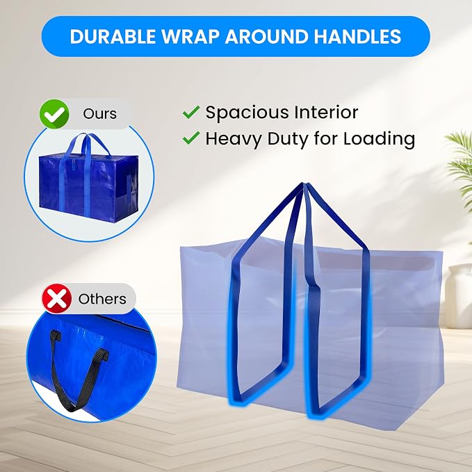 Simple Deluxe 6 Pack Extra Large Moving Bags with Lids, Reinforced Handles and Zippers, Heavy Duty Storage Tote for Moving Travel Camping Space Saving, Blue