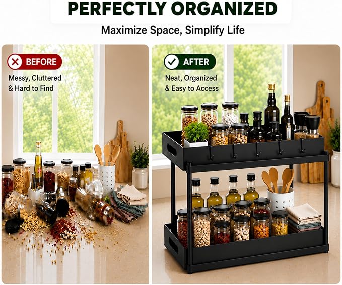 2 Pack Under Sink Organizer, Pull-Out Cabinet Storage Organizers for Bathroom & Kitchen, Multi-Purpose Under Counter Shelf Rack for Cleaning Supplies, Bottles & Toiletries, Cabinet Organizer-Black