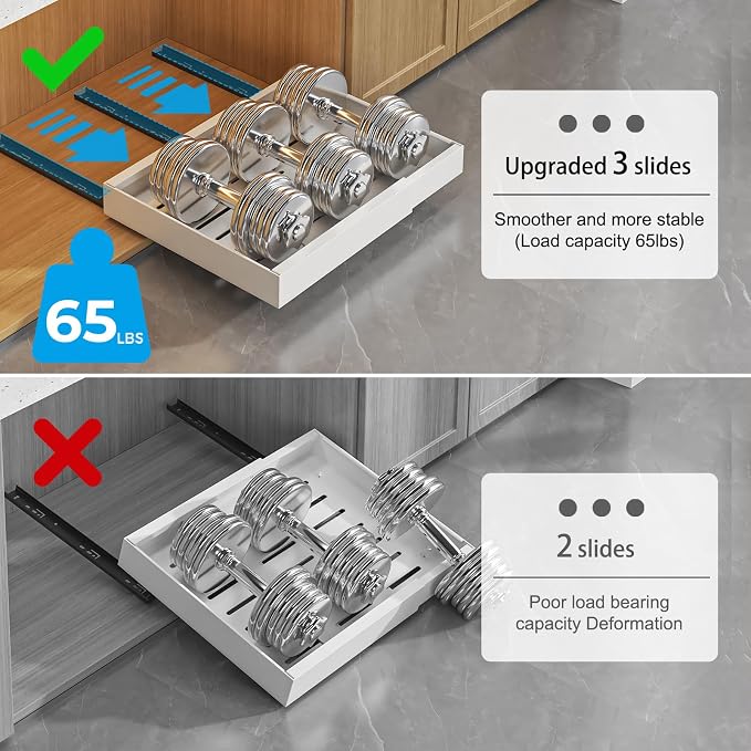 Pull Out Cabinet Organizer, 1PC 21" Deep Expandable (12.2"-20") Heavy Duty Pull Out Drawers for Cabinets Fixed with Adhesive Film, Peel Stick Slide Out Drawers for Kitchen Pantry, No Screw, White