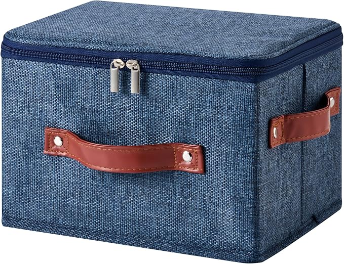 Storage Bin Box with Zippered Lid Cotton Linen Fabric Decorative Basket PU Leather Handles PP Plastic Board Foldable Lidded Clothing Shelf Closet Organizer Container (Denim Blue, Small)