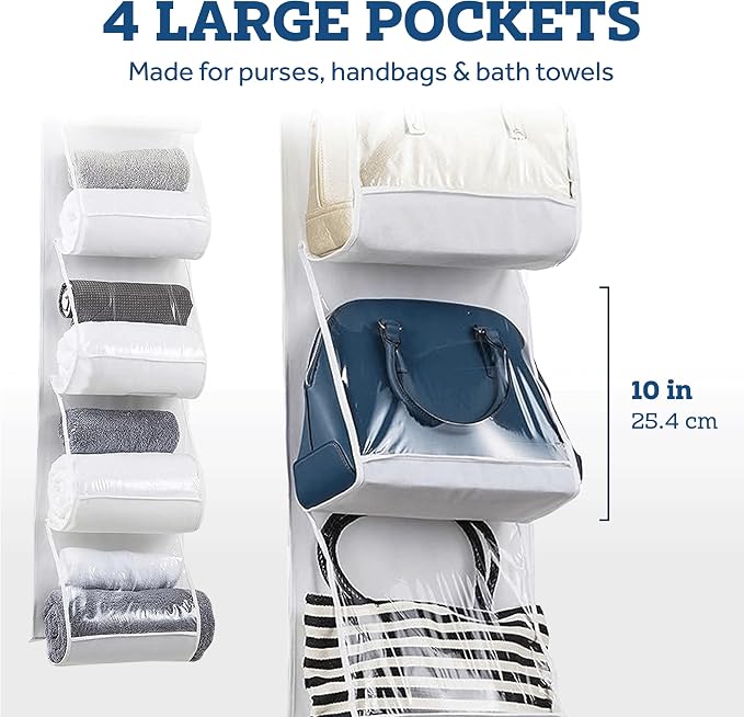 ZOBER Purse Organizer For Closet - Over The Door Purse Organizer W/ 6 Pockets for Easy Purse Storage - Durable Metal Hooks - Purse Rack W/Clear Pockets - White (2 Pack)