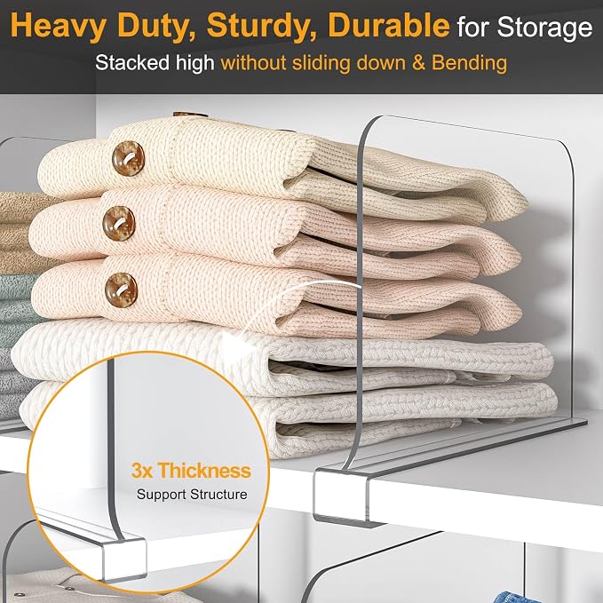 OKPOW Shelf Dividers for Closet Organization - 10 Pack 8" Tall X 12" Deep Acrylic Clear Sturdy Separators for Clothes Purse - Adjustable Removable Easy to Install Storage for Wood Cabinet Housewife