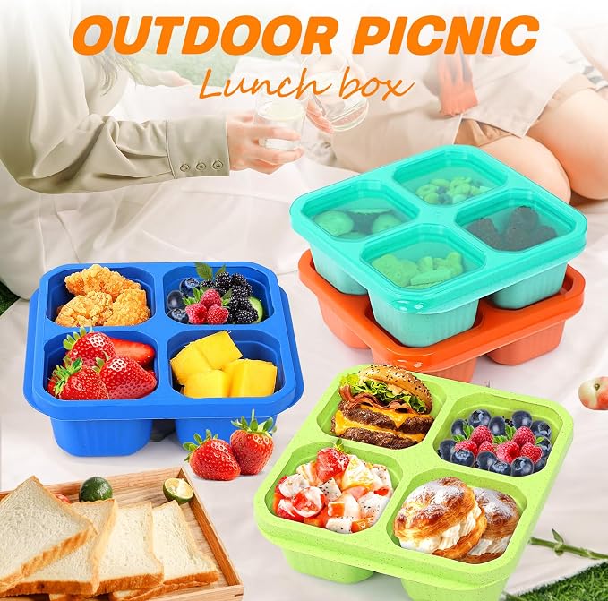 buluker 8 Pack Bento Snack Containers Set， 4 Compartment Food Storage Containers ，Wheat Straw Meal Prep Lunch Box ，Plastic Food Storage container, Microwave and Dishwasher Safe (Bright color)