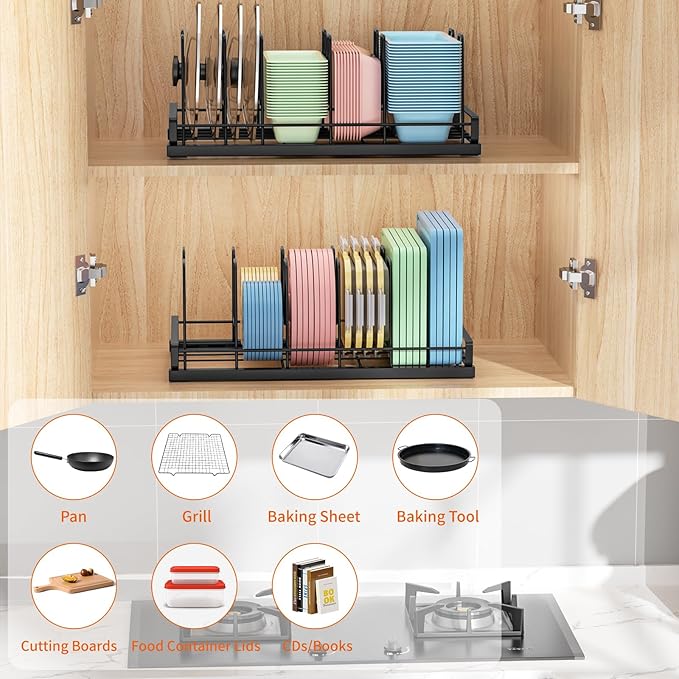 Food Container Lid Organizer for Cabinet with 6 Adjustable Divider | Metal Detachable Pot Lid Organizer,Lid Storage Organizer for Plastic Lids Pots Cookie Sheets for Cabinets,Cupboards,Drawer