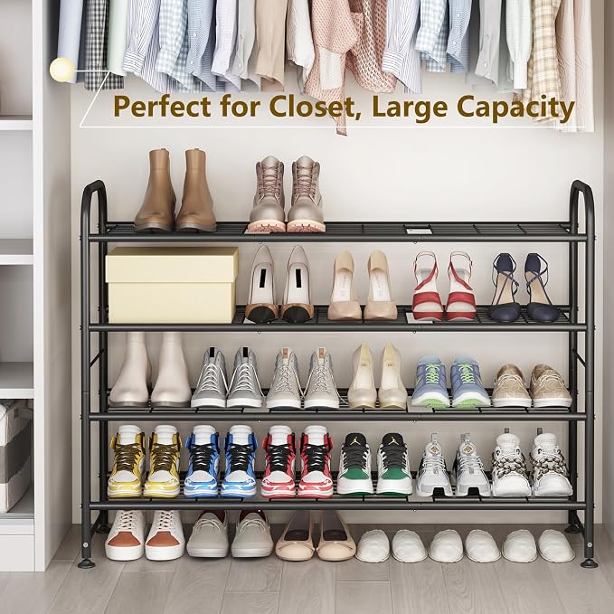 LINZINAR Shoe Rack Long 4 Tier Shoe Storage Organizer Metal Wide Shoe Shelf for Closet Entryway Bedroom 24 Paris Large Capacity, Gold Black