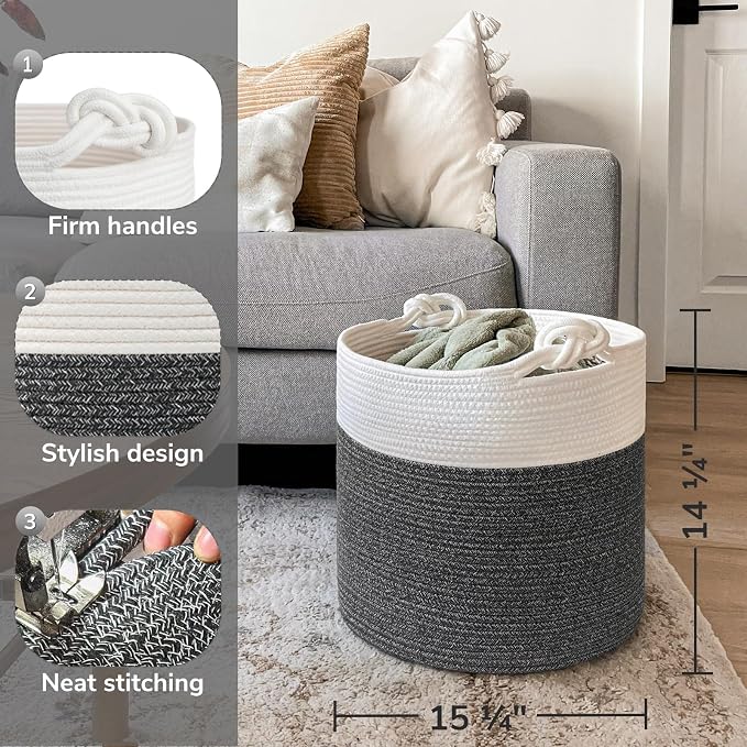Goodpick Baby Storage Basket, Cotton Rope Laundry Basket for Blankets, Clothes 15 x 14.2 Inches, Nursery Woven Storage Organizing for Toys, Grey