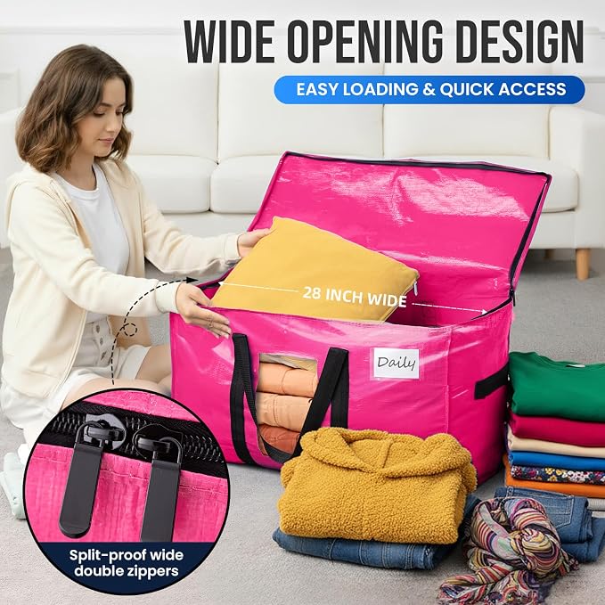 TAILI 10 Pack Pink Extra Large Moving Bags, Heavy Duty Totes with Visible Window, Wrap Around Handles, Ideal for Storage, Space-Saving