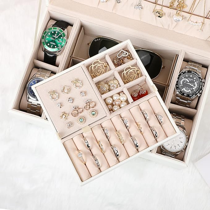 LANDICI Jewelry Box Organizer for Men Women, 2 Layer 4 Slot Watch Storage Case with Removable Tray, PU Leather Large Jewellery Holder Display for Watches Sunglasses Rings Earrings Necklace, White
