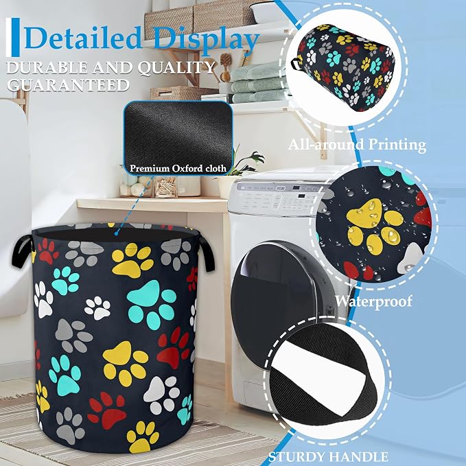 Colourful Paw Prints Laundry Basket Collapsible Laundry Hamper with Handle, Oxford Clothes Storage Bin for Bathroom Bedroom Room Decor 16" X 20.8"