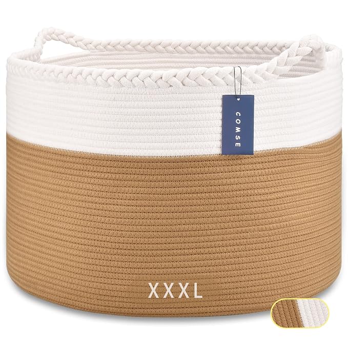 COMSE Extra Large Blanket Basket, Woven Laundry Basket, 21.7”x 13.8”, Nursery Hamper, Cotton Rope Laundry Hamper Living Room for Storage Toys Clothes Towels(White & Camel)