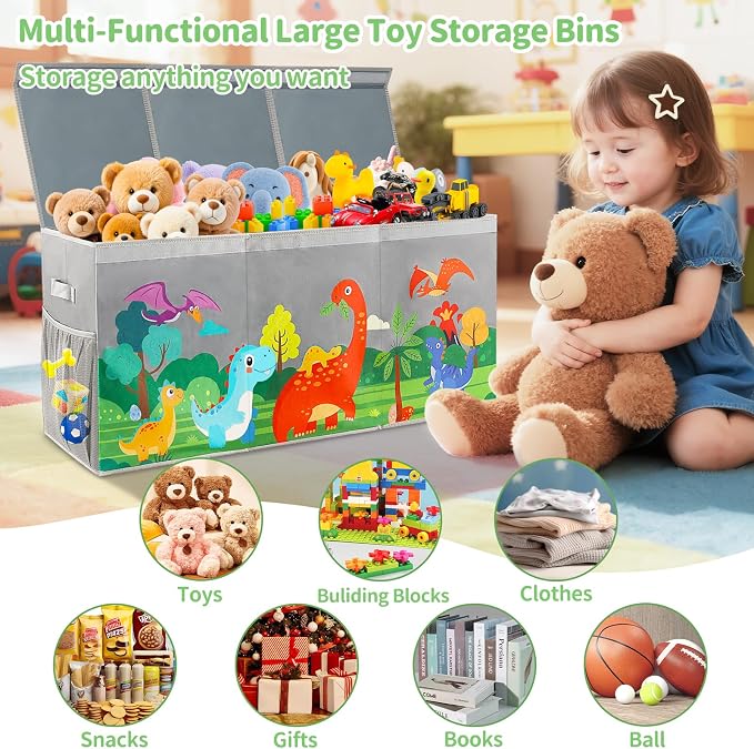 Extra Large Toy Box Chest with Lids Collapsible Storage Organizer for Kids | Dinosaur Toy Bin Box for Toddlers Boys Girls, Organizer for Living Room Nursery Playroom Bedroom Home Grey