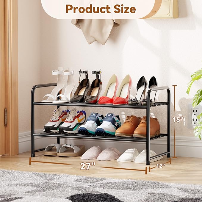 Simple Shoe Rack 2 Tier 27 Inch Wide, Heavy Duty Metal Closet Shoe Organizer Shelf for Entryway, Front Door, Black