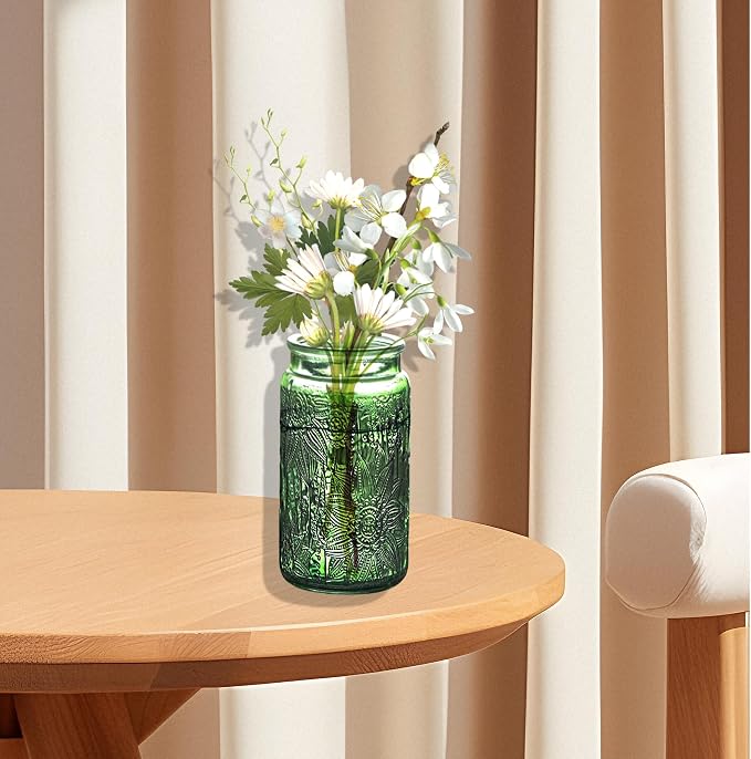 Vintage Glass Storage Jar with Solid Wood Lid - Sunflower Design Kitchen Canister for Coffee, Candy, Laundry Detergent - Cute Food Storage Jar (Green, 34 Ounces)