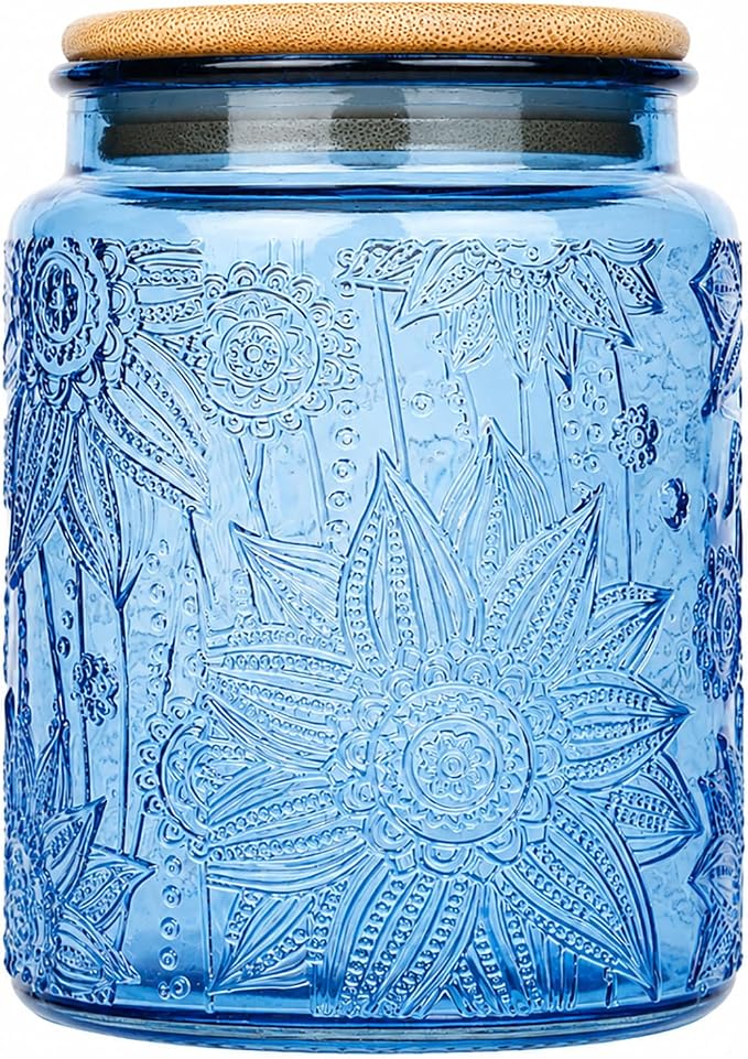 Custde Blue Vintage Glass Candy Jar with Airtight Bamboo Lid, 23.7oz Kitchen Storage Canister for Sugar, Coffee, Tea, Cookies, Bath Salt - Decorative Mason Jar for Pantry & Counter(Blue, 23.7 fl oz)