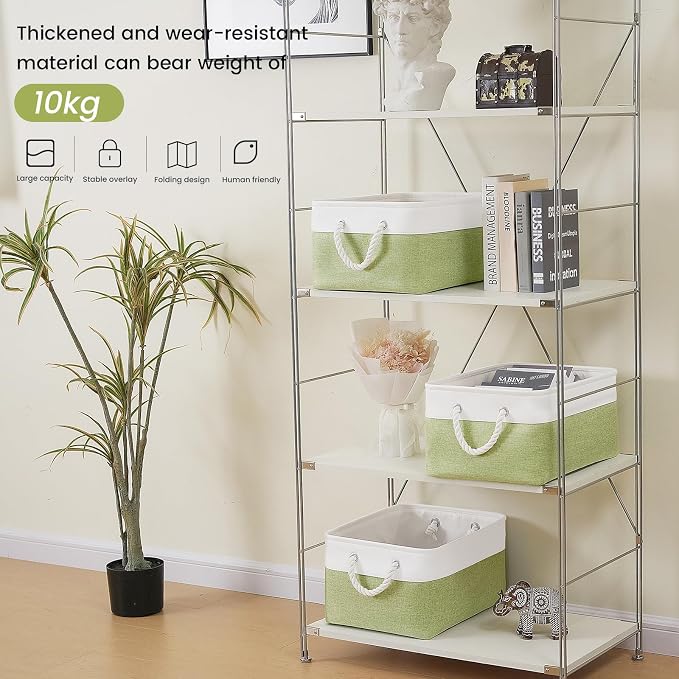 Large Storage Baskets- 15.7x11.8x8.26 inch Storage Bins for Shelves and Closet Organizing, Foldable Fabric Bin for Home Organization Clothes and Laundry (3-Pack, White&Green)
