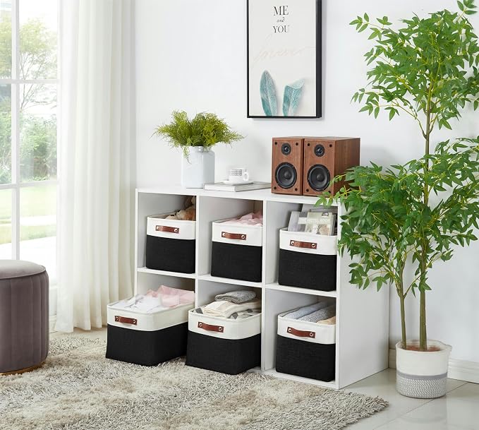 DECOMOMO Storage Bins, Large Fabric Storage Baskets for Shelves, Decorative Linen Closet Organizer, 15 x 11 x 9.5 inches (Black & White, 4 Pack)