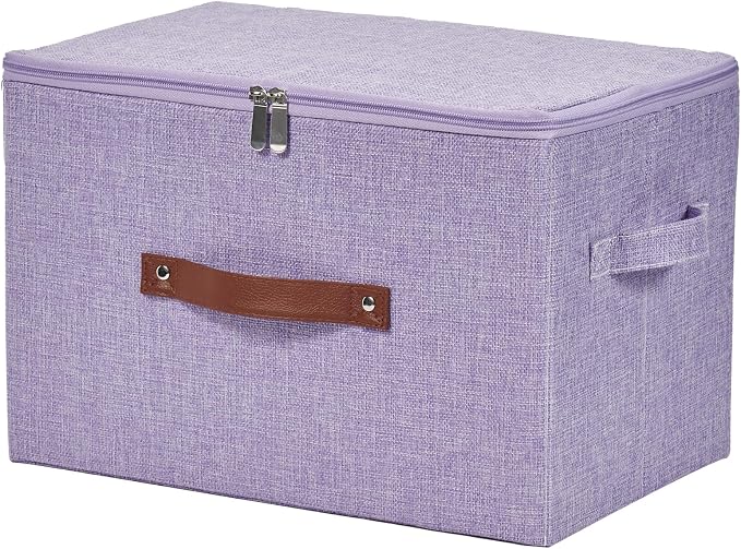 Storage Bins with Zipper Lid Cotton Linen Fabric Lidded Storage Baskets Boxes Foldable Washable Closet Shelf Clothes Organizer Container with PU Leather Handles (Purple, Large)