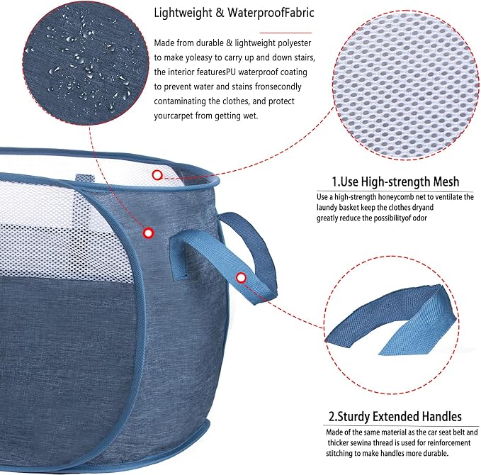 MOOMASS Pop-Up Laundry Basket，collapsible Mesh Laundry Hamper– With Extended Shoulder Straps, Sturdy Handles, and Premium Cationic Fabric (blue)…