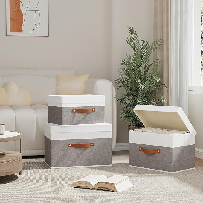 Storage Basket with Lid, Storage Bin, 17.7 x 11.8 x 11.8 Inch Closet Organizer Box with Handles for Bedroom Laundry, White and Grey, 1-Pack