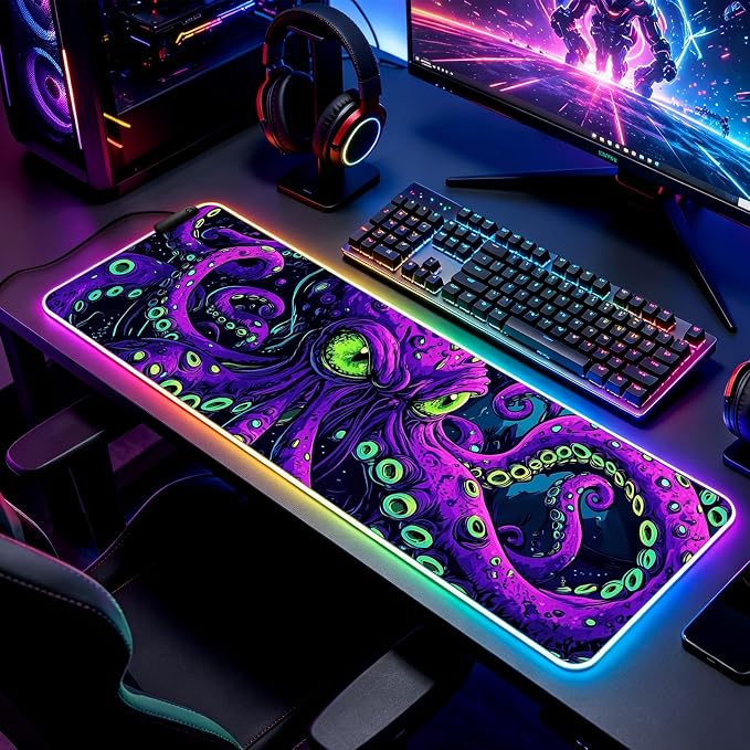 RGB Octopus Monster Gaming Desk Mat, Computer Keyboard Large Extended Cool Neon Animal LED Mouse Pad for Office and Home, 31.5×11.8 Inches, XL