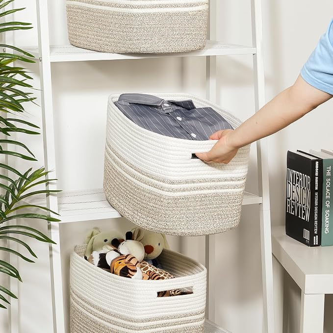 Temary Woven Storage Baskets, Set of 3 Rope Baskets for Storage Clothes, Towels, Versatile Boho Storage Bins (White&Brown, 13"x9.8"x8.5")