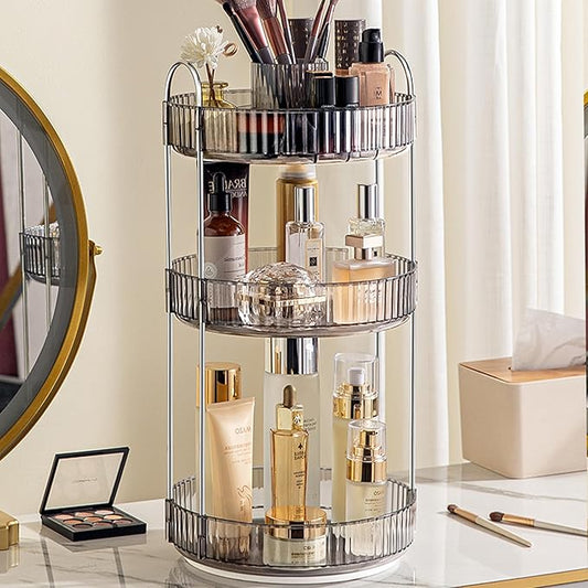 Aveniee 360° Rotating Makeup Organizer for Vanity, Upagraded Perfume Skincare Bathroom Counter Organizers with Brush Divider, 3 Tier Spinning Lipstick Cosmetic Lotion Storage,Grey