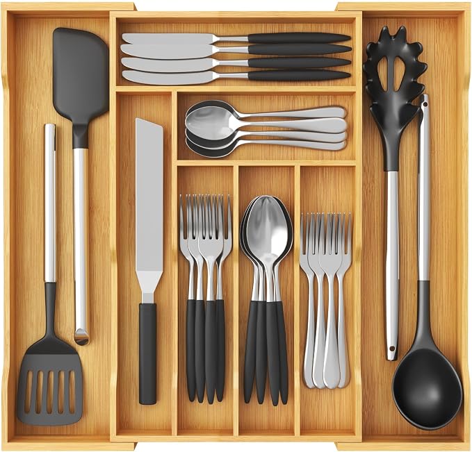 Lifewit Silverware Drawer Organizer, Expandable Utensil Tray for Kitchen, Flatware and Cutlery Holder, Wood Adjustable Storage for Spoons Forks Knives, 10.2-18.1 x 16.7, Natural