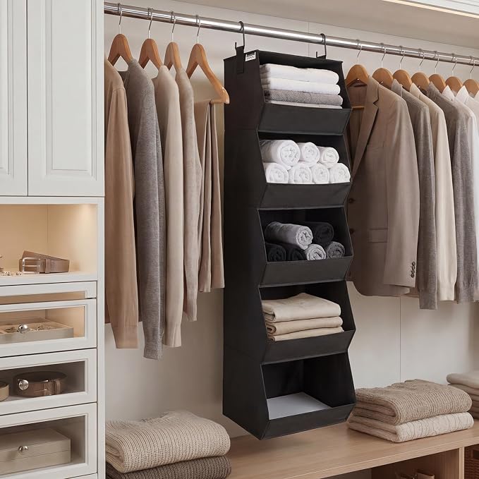 StorageWorks Basics Hanging Closet Organizer, 5-Shelf Wide Trapezoid Closet Shelves with Reinforced Anti-Sagging Support for Sweaters, Hoodies and Handbags, Foldable Storage Organizer, Black
