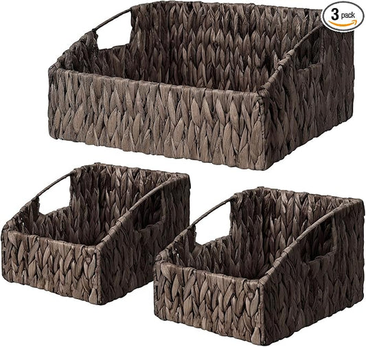 Rattan Storage Baskets, Handwoven Wicker Storage Bins with Built-in Handles, Storage Container Baskets for Shelves, Bedroom, Bathroom, Laundry Room or Kitchen(Black)