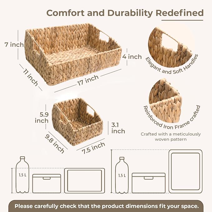 KOKODO Rectangular Wicker Storage Baskets for Shelves, Set of 3 Water Hyacinth Woven Bins with Handles, Open Front Pantry Shelf Organizer for Closet, Bedroom, Boho Decorative, Natural