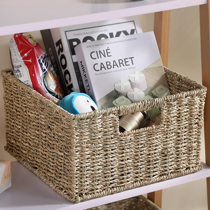 HOONEX Wicker Storage Baskets for Organizing, Decorative Woven Seagrass Baskets for Storage with Carrying Handles, Set of 2, Natural