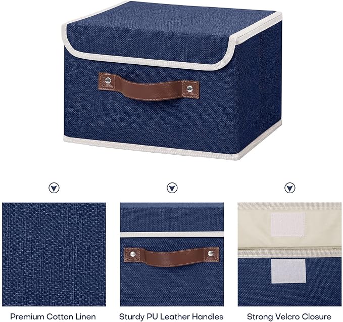ANMINY 4PCS Storage Bins with Lid PU Leather Handles Storage Boxes PP Plastic Board Decorative Foldable Lidded Cotton Linen Fabric Home Cubes Baskets Closet Organizer Containers - Blue, Small Size