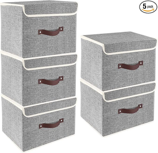 TYEERS Foldable Storage Boxes with Lids 5 Pack Fabric Storage Bins with Lids, Closet Organizers for Clothes Storage, Room Organization, Office Storage, Toys - Gray