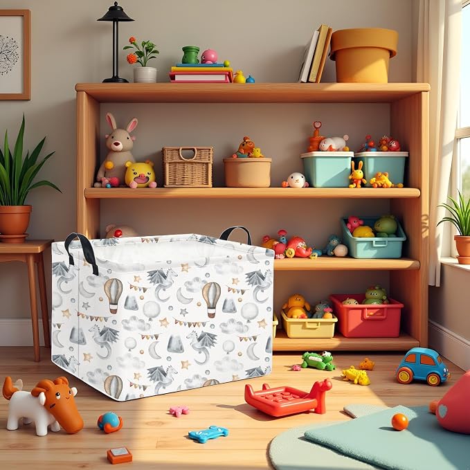 Rectangular Baby Kids Storage Basket for Home Kitchen Girls Cute Storage Bin Organizer Shelf Book Room Decor(Flying Dinosaur)