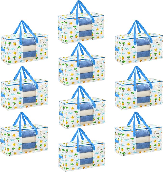 VENO 10 Pack Heavy Duty Moving Bags, Clothes and Comforter Storage Bags with Clear Window, College Dorm Essentials Packing Supplies, Foldable Boxes Alternative (Tropical Island, 10 Pack)
