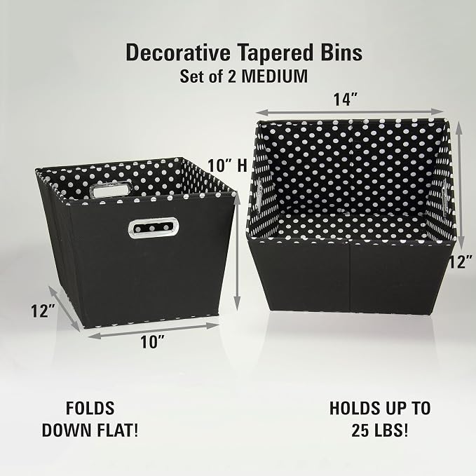 Household Essentials 19KDBLK-1 Medium Tapered Decorative Storage Bins | 2 Pack Set Cubby Baskets | Black and White Mini-Dots