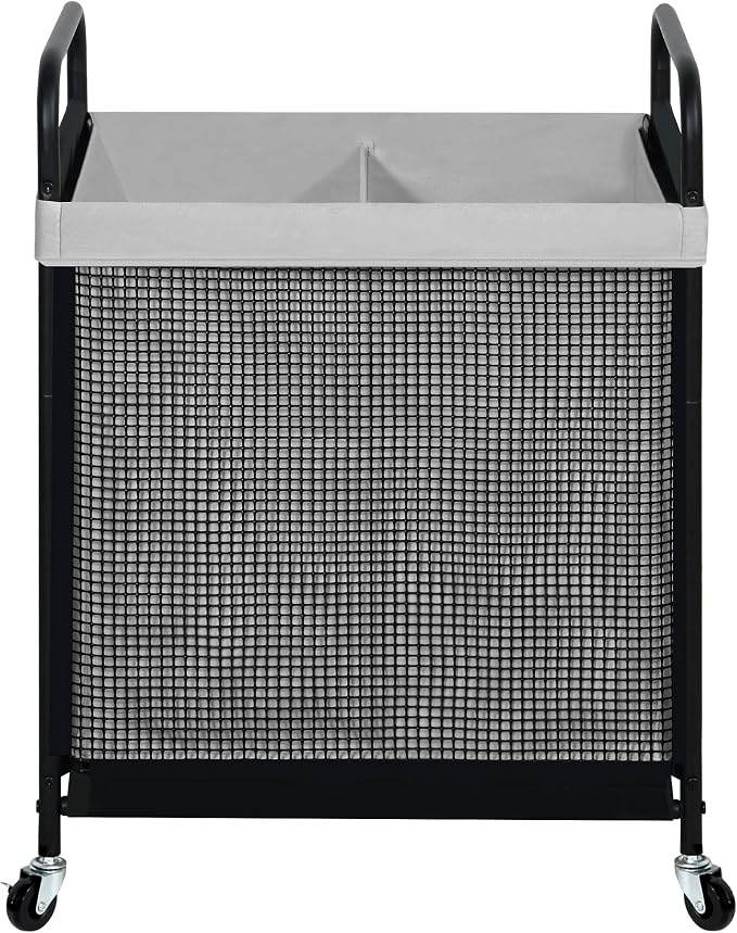 STO STO Laundry Hamper 2 Section, 100L Rolling Laundry Sorter Cart with Removable and Washable Liner Bag, Clothes Hamper with Wheels and Metal Handle for Laundry Room and Bedroom, Gray