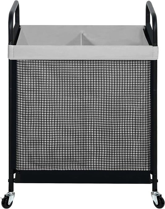 STO STO Laundry Hamper 2 Section, 100L Rolling Laundry Sorter Cart with Removable and Washable Liner Bag, Clothes Hamper with Wheels and Metal Handle for Laundry Room and Bedroom, Gray