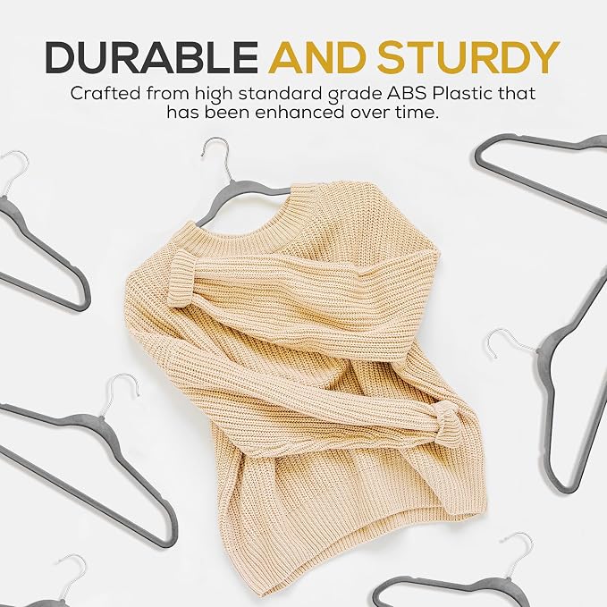 Techzoo Premium Velvet Hangers 50 Pack Ultra Thin Non Slip Adult Felt Space Saving Slim Suit Hanger for Closet Heavy Duty Coat Pants Jackets Dress Hangers 360° Swivel Hook Hold Upto 10 lbs Gray