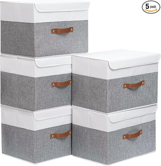Yawinhe Storage Boxes with Lids, Linen Fabric Bin, Cube Organizer Basket, Washable and Leather Handle, for Home, Closet, White/Grey, 15.0''Lx9.8''Wx9.8''H, 5-Pack, USNK024WGL-5