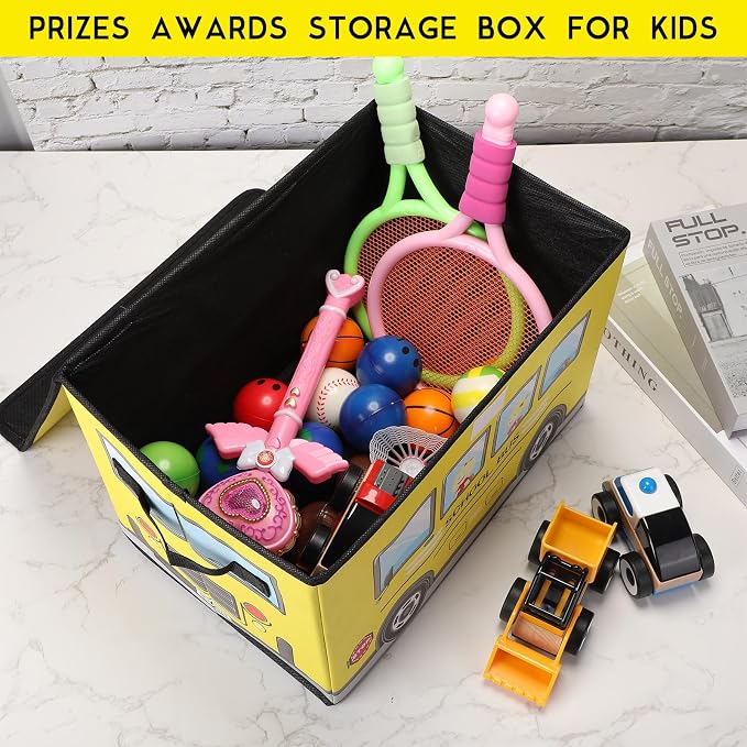 Sweetude 4 Pcs Prize Box for Classroom, School Bus Treasure Chest With Lid, Foldable Storage Organizer Bin for Kids, Teachers, Students - Toy Awards
